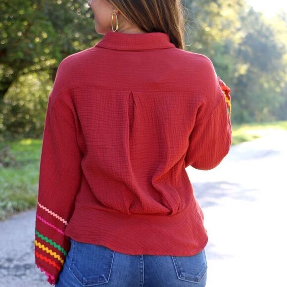 Ivy Jane Gauze Tie Front Bell Sleeve Top Button Front Chevron Terra Cotta Medium - Picture 10 of 10